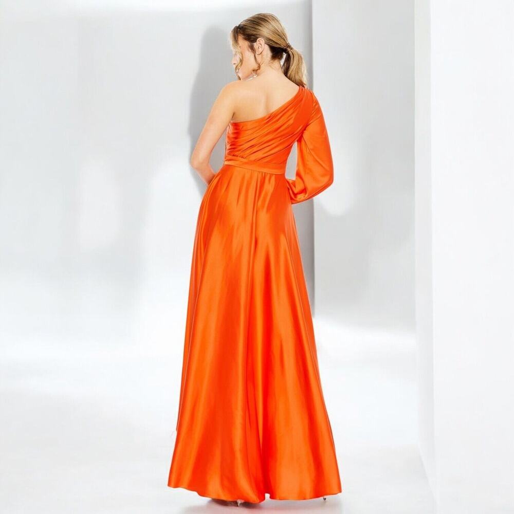 NEW Mac Duggal Ieena One Shoulder Bishop Sleeve Gown Spice Orange Pockets Sz 12 - Picture 9 of 14